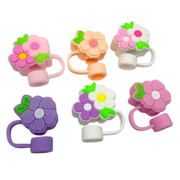 Floral Silicone Straw Cover Toppers 6 Piece Set 10mm Straws Pastel Flowers Girly - Picture 2 of 4